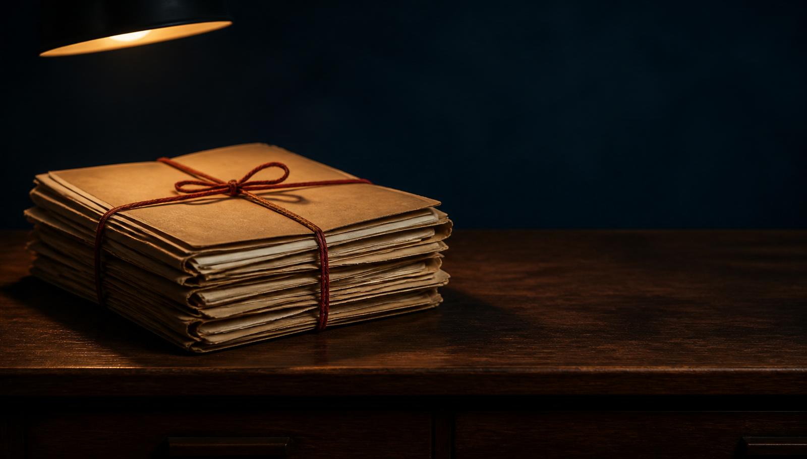 Bound stack of case files under warm overhead light