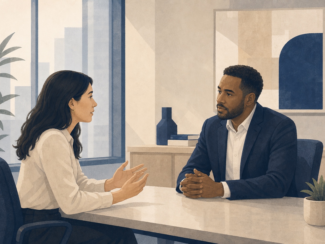 Illustration of an employee discussing workplace concerns with a workplace decision-maker.